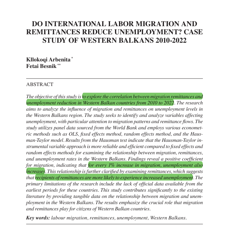 До Интернатионал Лабор Мигратион анд Ремиттанцес Редуце Унемплоyмент? Цасе Студy оф Wестерн Балканс 2010-2022