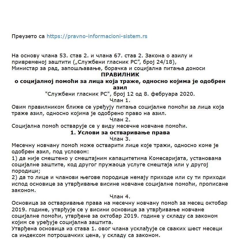 Rulebook on Social Assistance for Persons Seeking or Granted Asylum