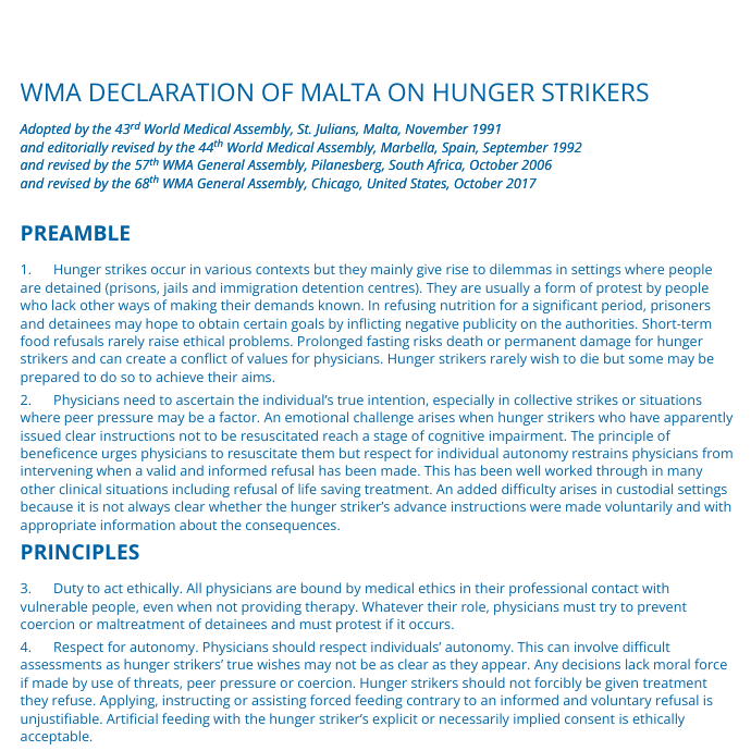 WMA Declaration of Malta on Hunger Strikers