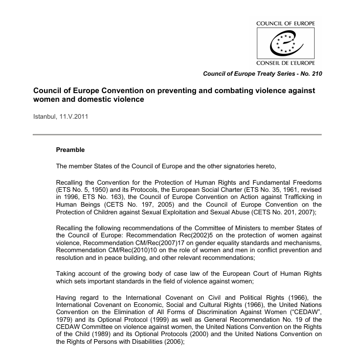 Council of Europe Convention on Preventing and Combating Violence Against Women and Domestic Violence