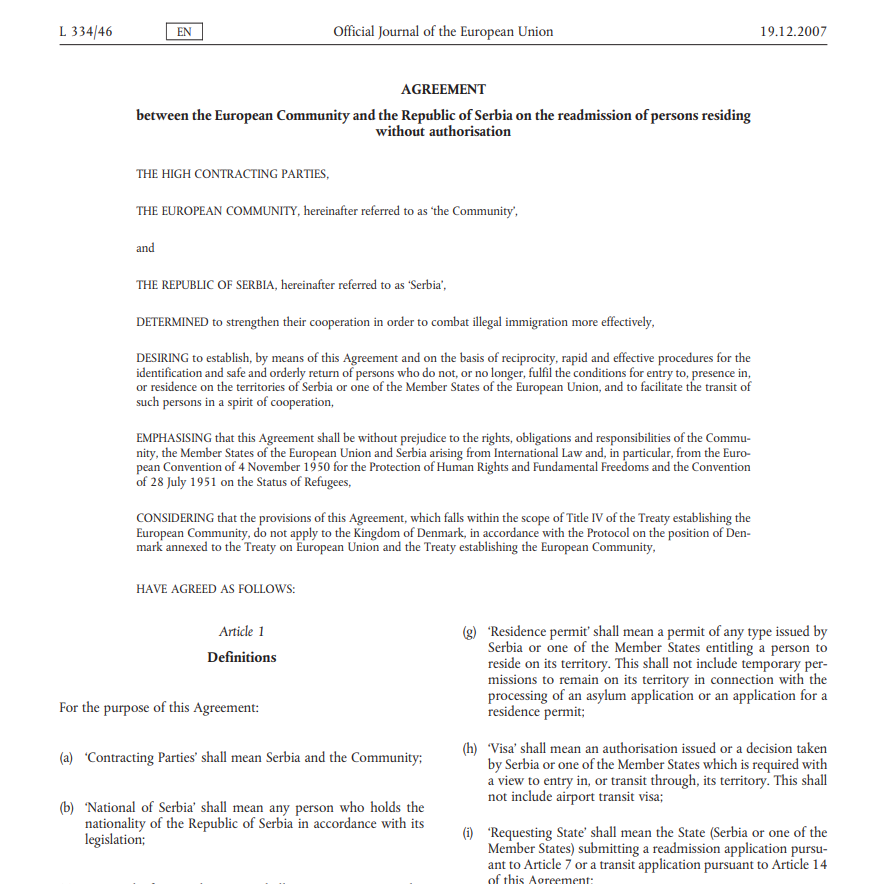 Agreement Between the European Community and the Republic of Serbia on the Readmission of Persons Residing Without Authorisation