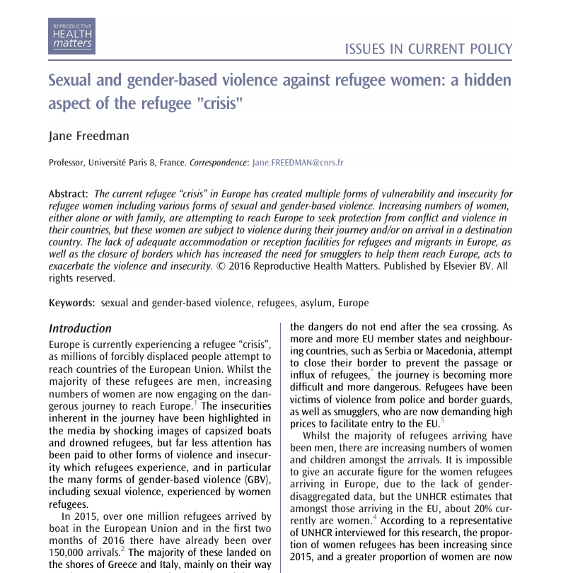 Sexual and Gender-Based Violence Against Refugee Women: A Hidden Aspect of the Refugee "Crisis"